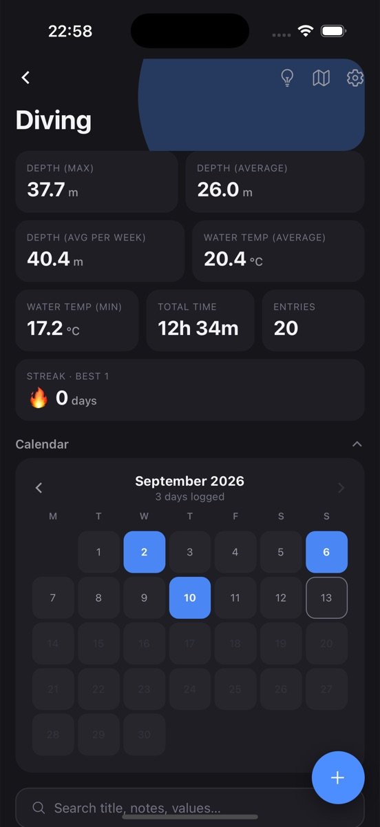 Diving log screen in LogApp showing stats and recent entries