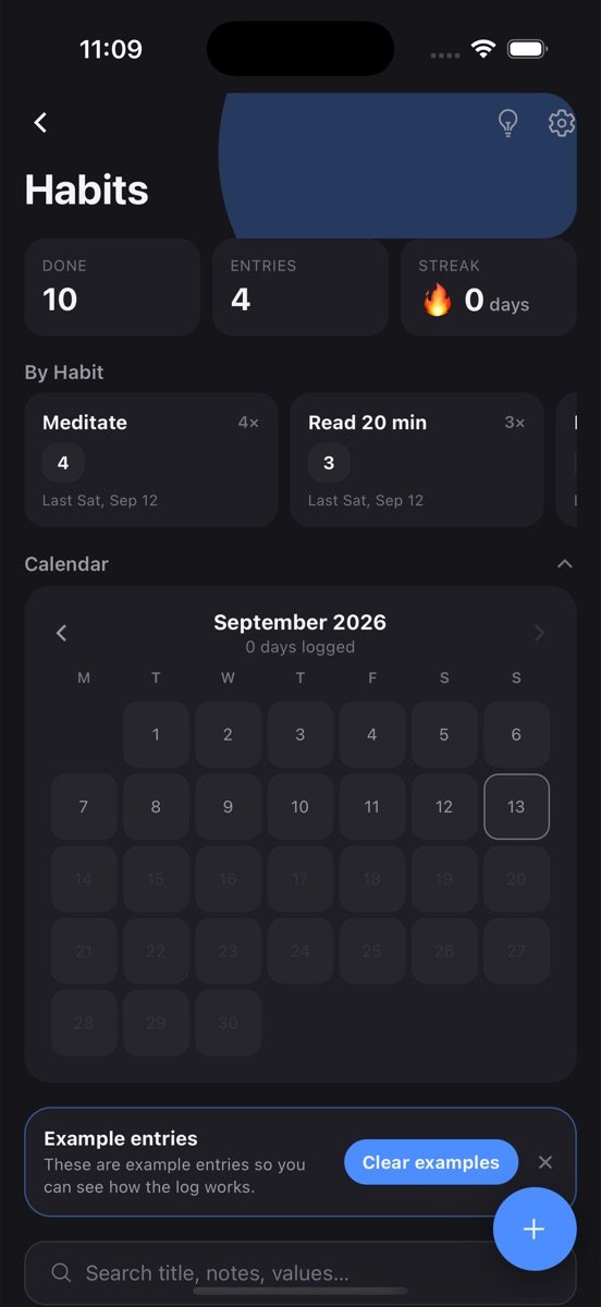 Habits log screen in LogApp showing stats and recent entries