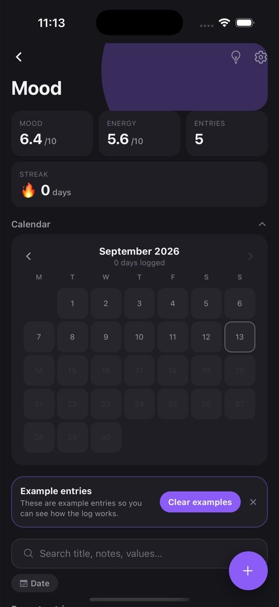 Mood log screen in LogApp showing stats and recent entries