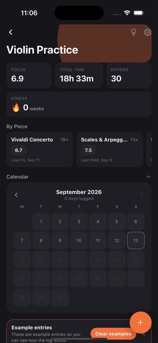 Violin Practice log screen in LogApp showing stats and recent entries