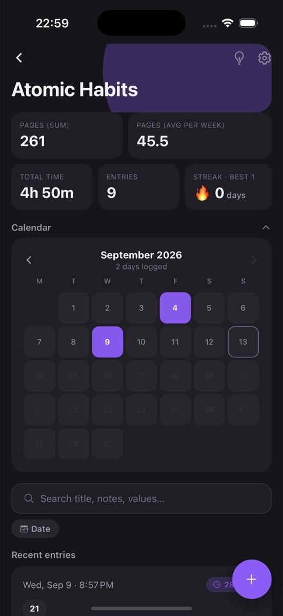 Atomic Habits log screen in LogApp showing stats and recent entries