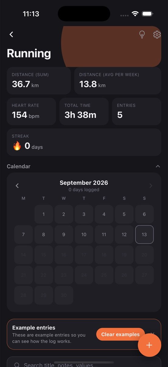 Running log screen in LogApp showing stats and recent entries