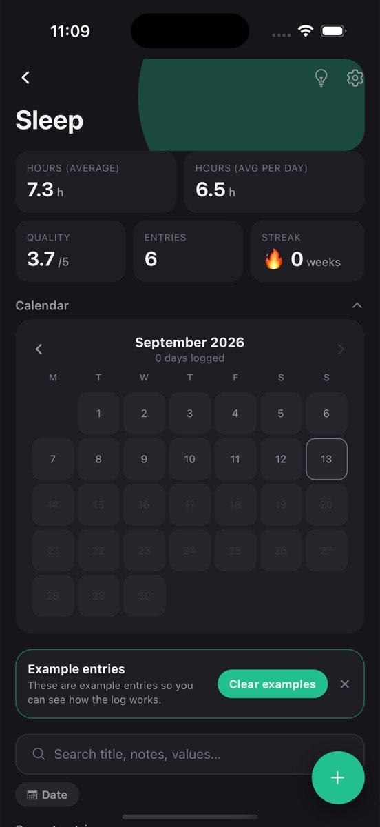 Sleep log screen in LogApp showing stats and recent entries
