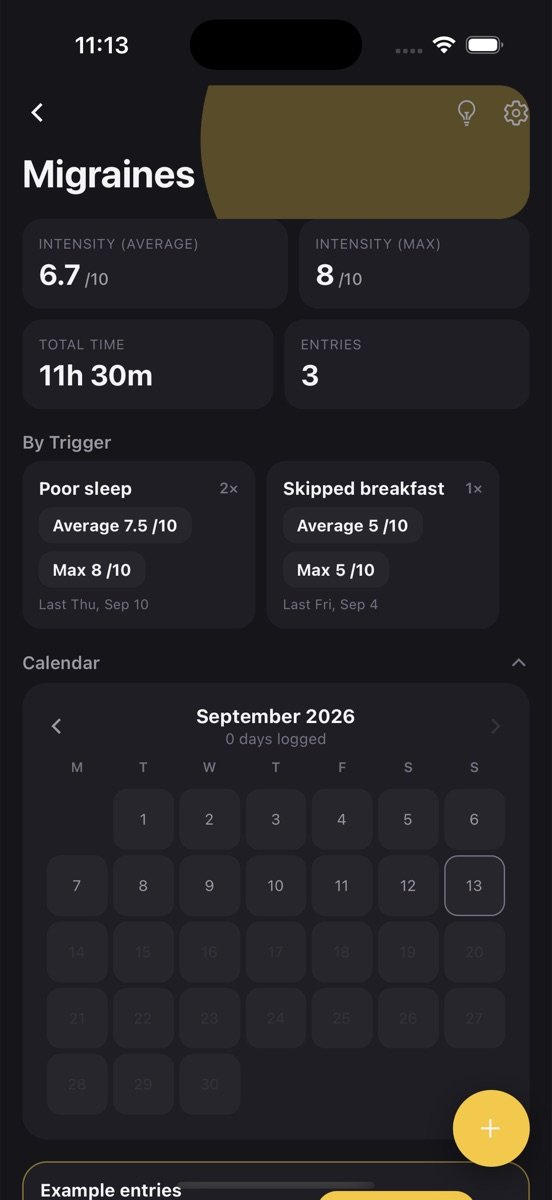 Symptom Diary log screen in LogApp showing stats and recent entries