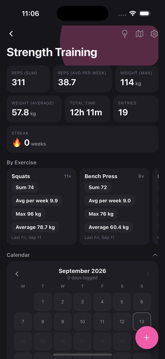 Strength Training log screen in LogApp showing stats and recent entries